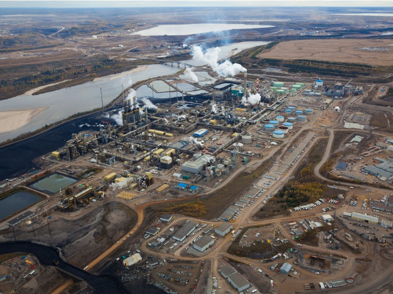 Close-up aerial photo of an oil refinery in the Alberta Oilsands, near Fort McMurray.
