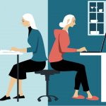 Woman in hybrid work place sharing her time between an office and working from home remotely, EPS 8 vector illustration