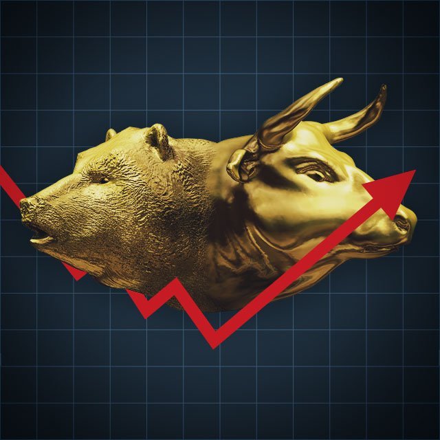 Stock market crash and recovery illustration: Heads of bear and bull on a falling and rising stock chart