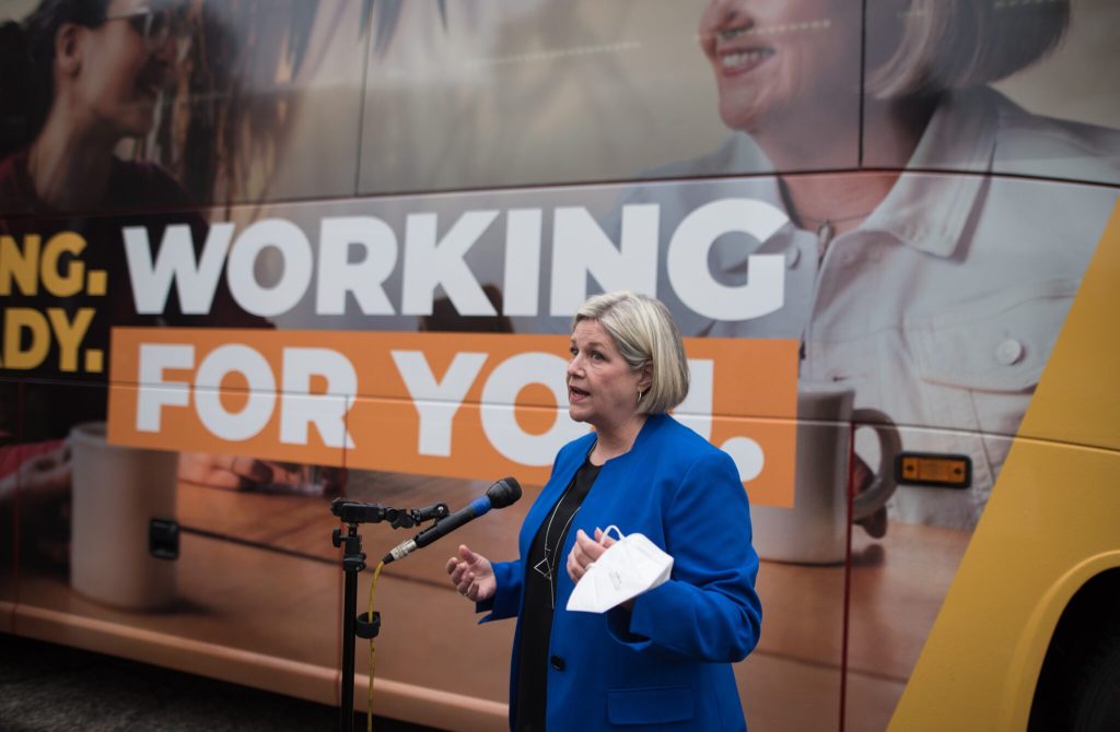 Ontario NDP Leader Andrea Horwath speaks to the media before visiting communities across the GTA, as part of the 2022 Ontario election campaign trail, at Queen's Park in Toronto, on Wednesday, May 4, 2022. THE CANADIAN PRESS/ Tijana Martin