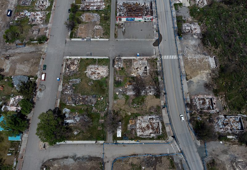 The burned-out remains of businesses and properties destroyed by the Lytton wildfire