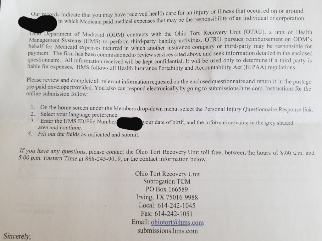 Received letter asking for more information about treatment I received to see if someone other than Medicaid is responsible for the cost?