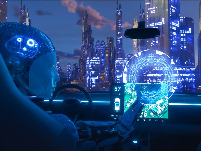 AI robot driving a car in a futuristic city