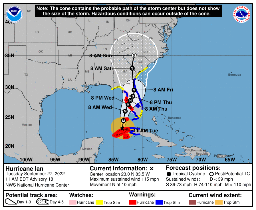 Hurricane Ian forecast path and cone