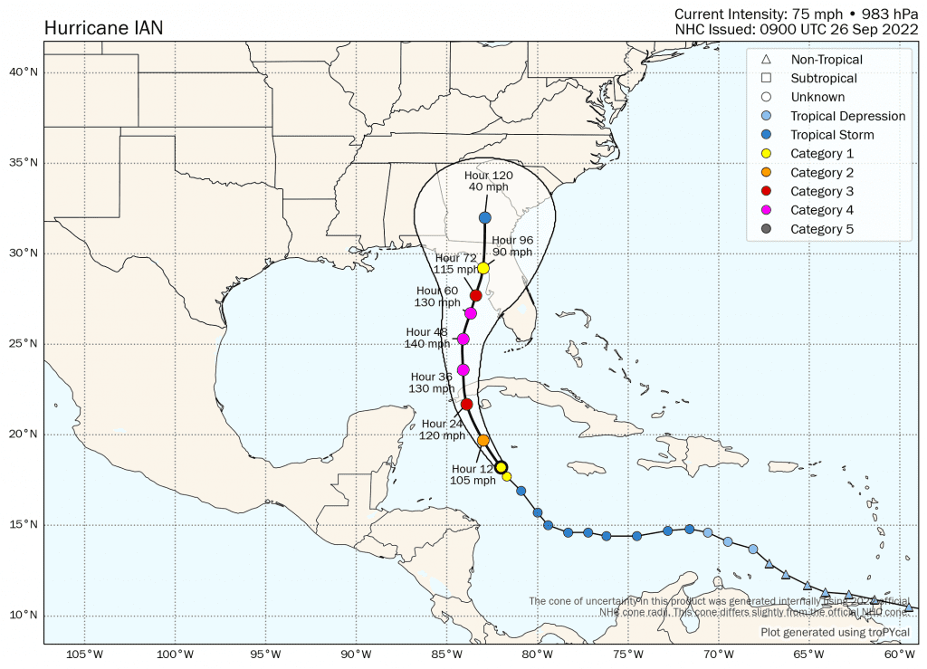 Hurricane Ian forecast path and tracking map