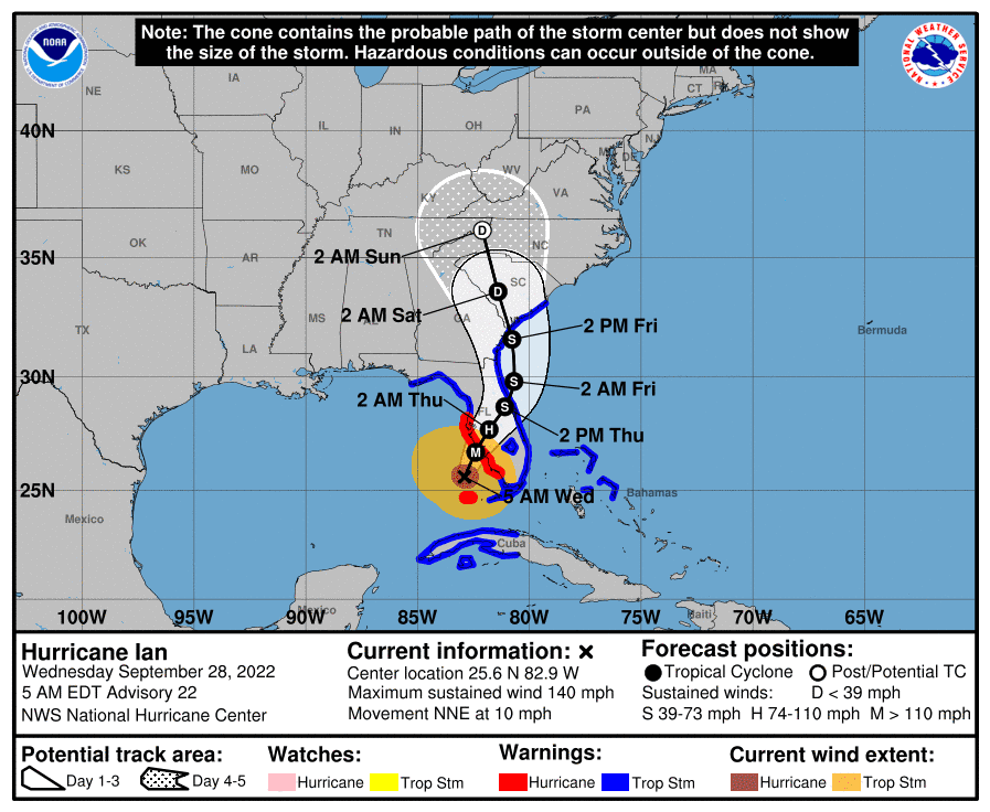 Hurricane Ian forecast path and cone