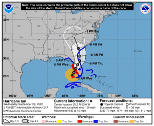 Hurricane Ian forecast path and cone