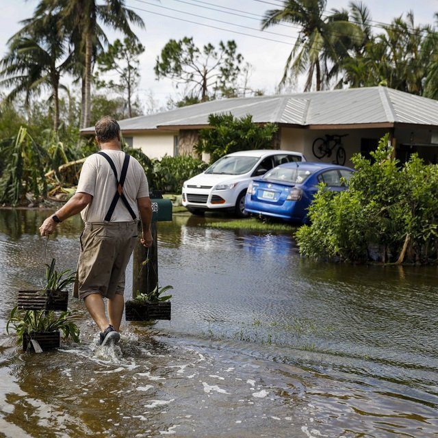 A resident walks back home on a flooded street following Hurricane Ian in Fort Myers, Florida, US, on Thursday, Sept. 29, 2022. Hurricane Ian, one of the strongest hurricanes to hit the US, weakened to a tropical storm but continues to dump rain on the state as it makes its way up the US Southeast. Photographer: Eva Marie Uzcategui/Bloomberg