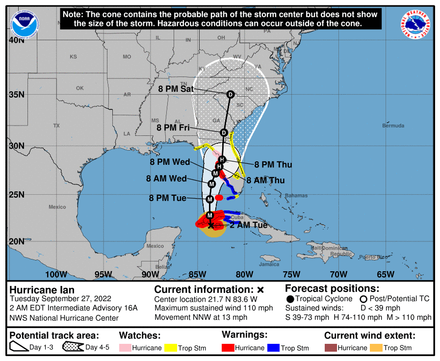 Hurricane Ian forecast path and cone