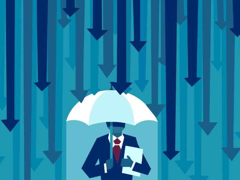 Illustration of downward facing arrows rainging down on a businessman who is holding an umbrella