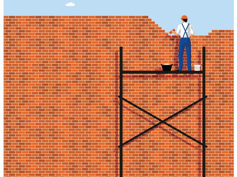 Illustration of a man atop a scaffold building a brick structure