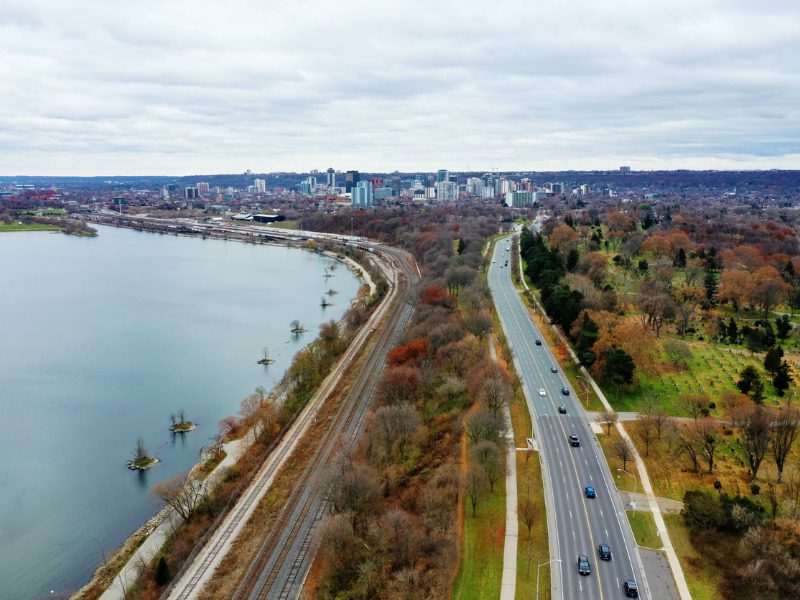 Aerial view of harbour in Hamilton, Ont.