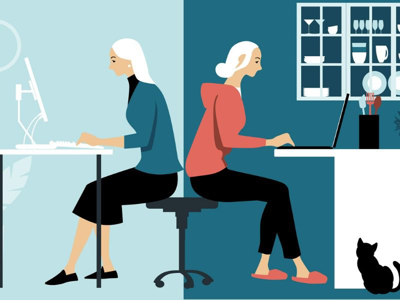 In an illustration, a woman on the left is in business clothes working at an office desktop. On the right, she is in a hoodie working from a laptop in a home office.