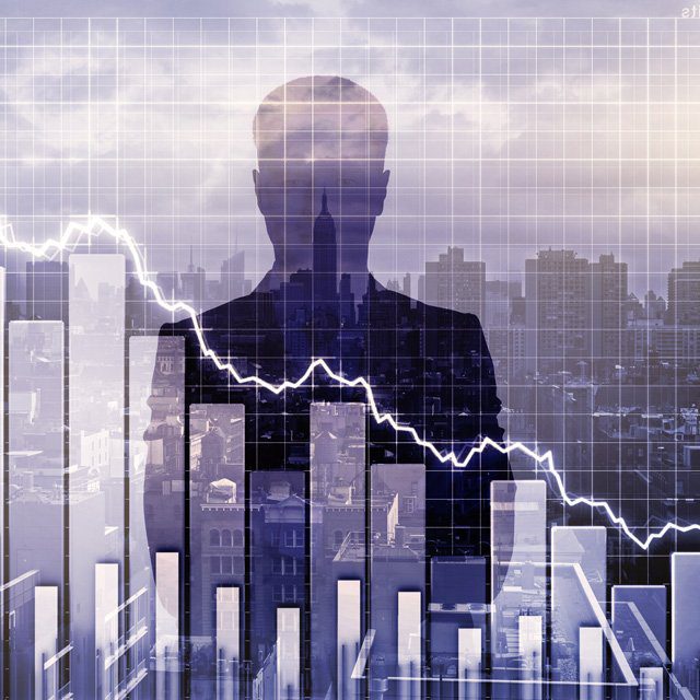 Bar charts going down in front of a sketch of a man and a cityscape outline.