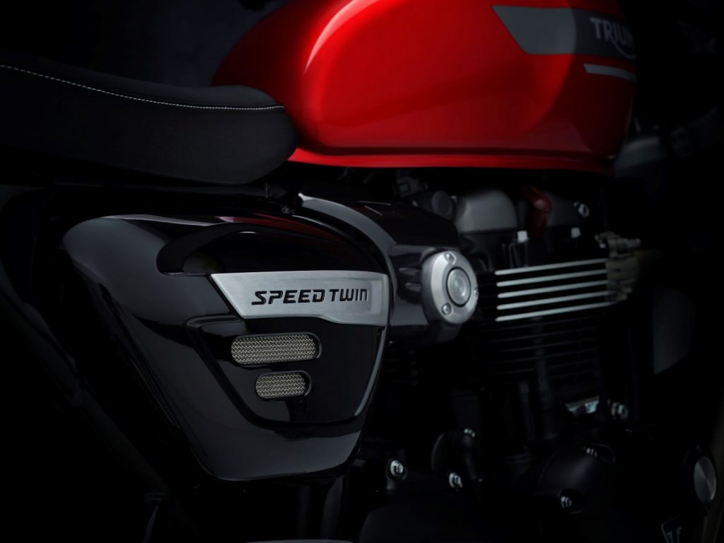 Close up of Speed Twin logo on bike