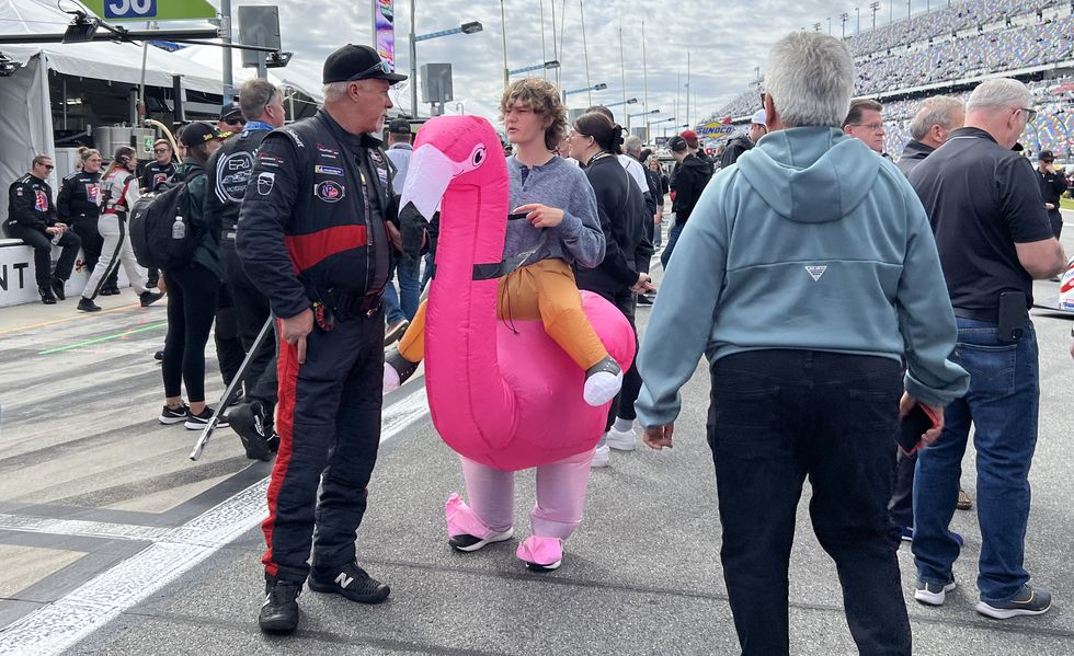 Someone in an inflatable flamingo costume at the 24 Hours of Daytona someone in an inflatable flamingo costume at the 24 hours of daytona