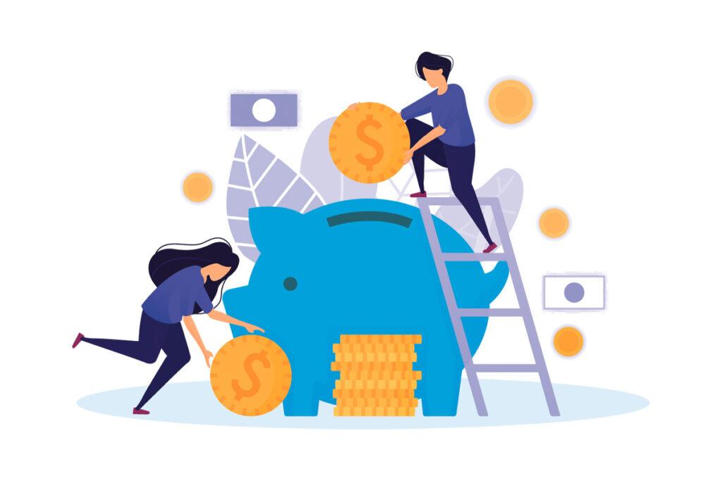 Illustration of two people putting huge coins in an enormous piggy bank.