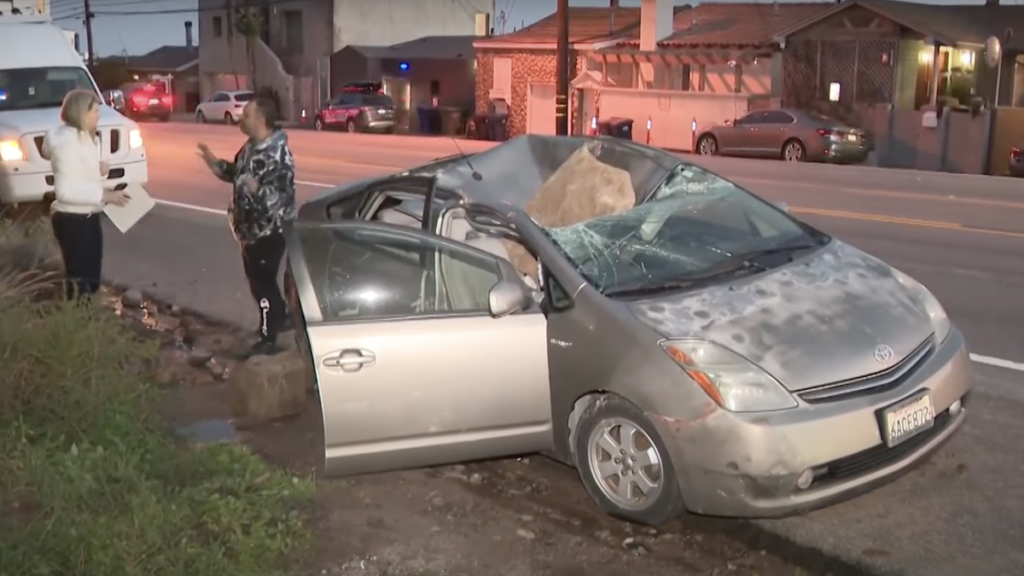 Man Barely Escapes Death When Four-Foot Boulder Lands on His Car