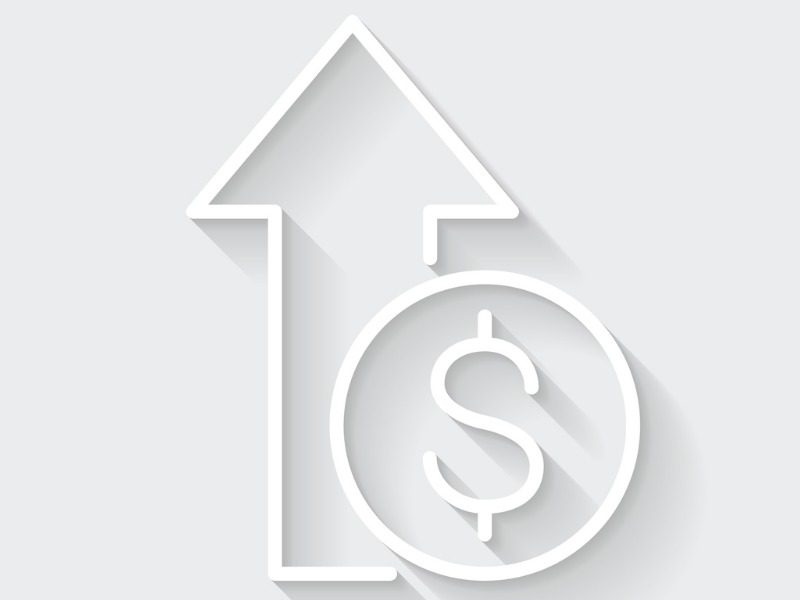 White icon of "Dollar increase" in a flat design style isolated on a gray background and with a long shadow effect.
