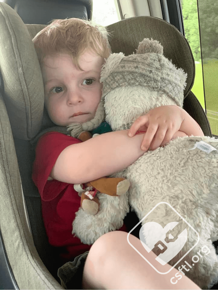 A soft toy can help toddlers calm down in the car. baby hugging a stuffed animal in their car seat