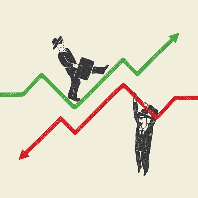 One investor climbing cheerfully up a green, jagged line, and another investor clinging to a red, jagged, downward-pointing line.