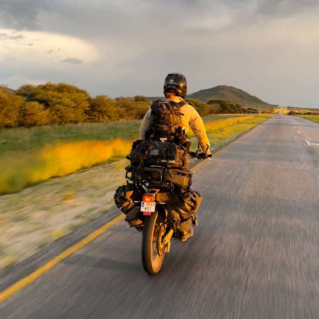 A photo of Sinje Gottwald riding her Cake electric motorcycle.