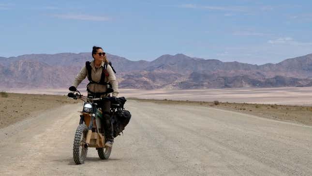 A photo of Sinje Gottwald riding her Cake Kalk electric motorcycle.