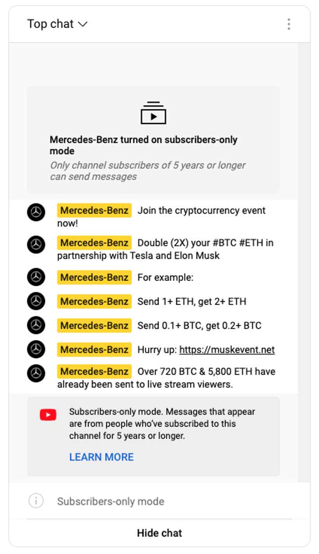 Image for article titled A Bitcoin Scammer Is Hosting a Fake &#39;Mercedes-Benz &amp; Tesla Collaboration&#39; Livestream on YouTube Right Now