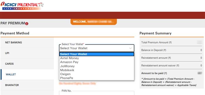 ICICI Pru Payment By E Wallet