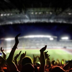 Fans cheering in a football stadium