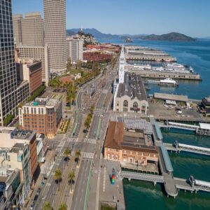 Aerial view of the Embarcadero in San Francisco on April 3, 2020 (Photo: Jason Doiy/ALM)