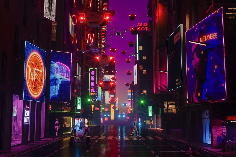 Metaverse Cyberpunk Style City With Robots Walking On Street, Neon Lighting On Building Exteriors, Flying Cars And Drones