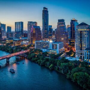 Austin, Texas skyline at sunset.