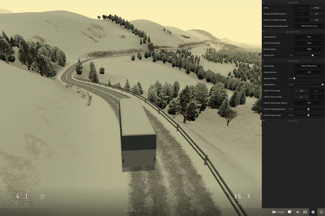 The menu at right shows some of the settings you can tweak. Ever wanted to be at the helm of a rear-wheel-drive super bus with an emergency brake that locks the rear axle for easy drifting? Slow Roads makes it possible!