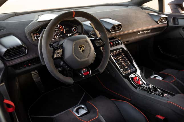 The black suede interior of the 2024 Lamborghini Huracan Sterrato