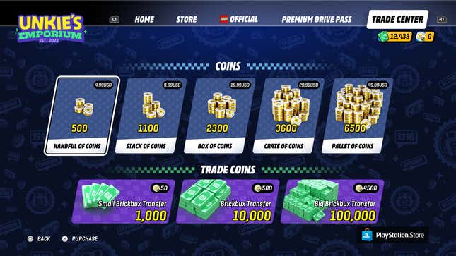 A screenshot of the coins and Brickbux purchase menu in Unkie's Emporium in Lego 2K Drive.