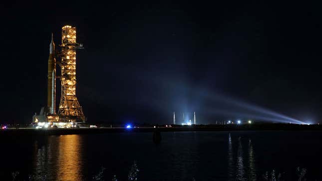 A photo of the Artemis launch on the rocket pad. 