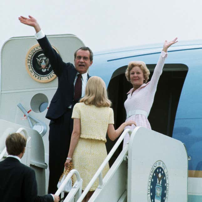 A photo of Nixon boarding Air Force One in 1974.