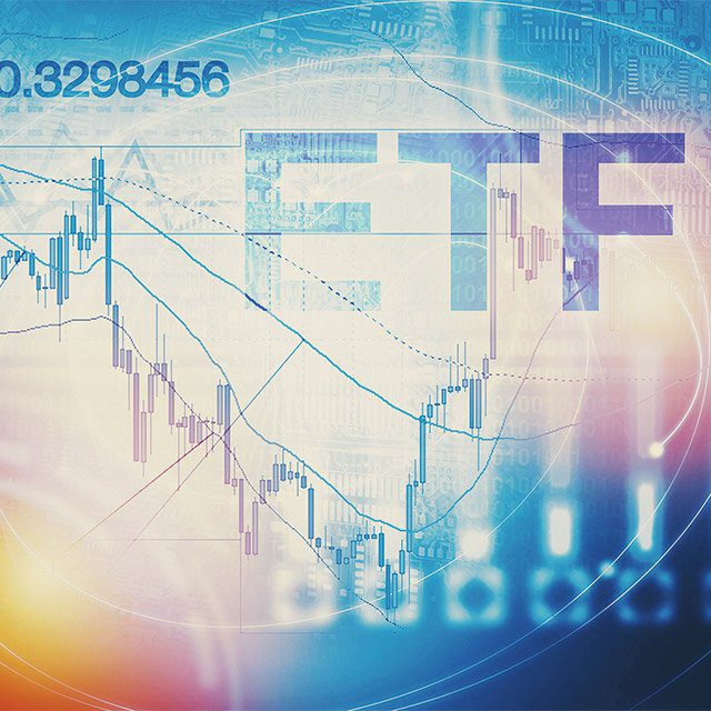the letters ETF in the upper right corner and a yellow globe