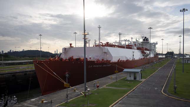 A photo of a ship in a lock on the Panama Canal.