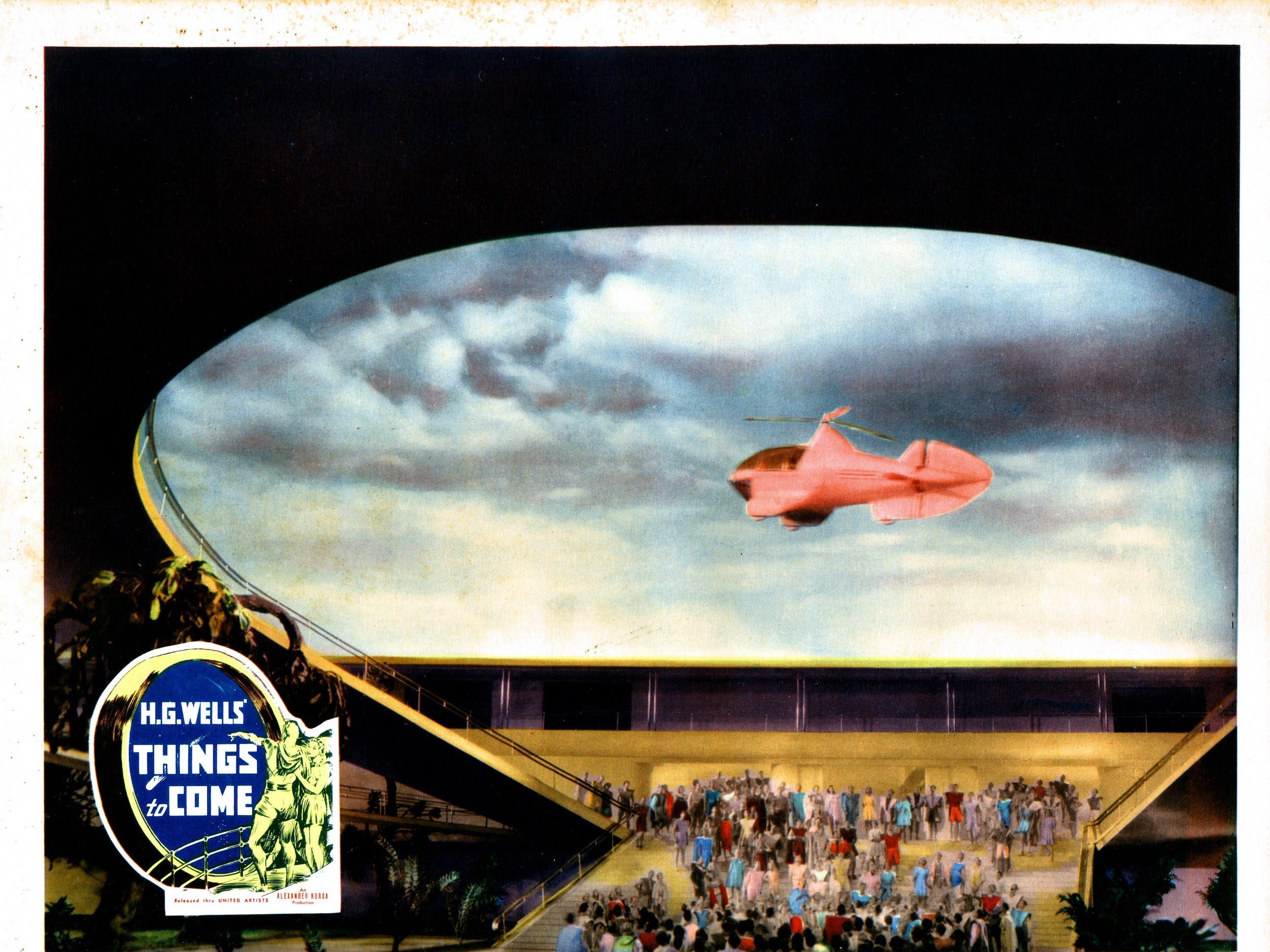 A Things To Come lobbycard showing a scene from the movie with a flying automobile