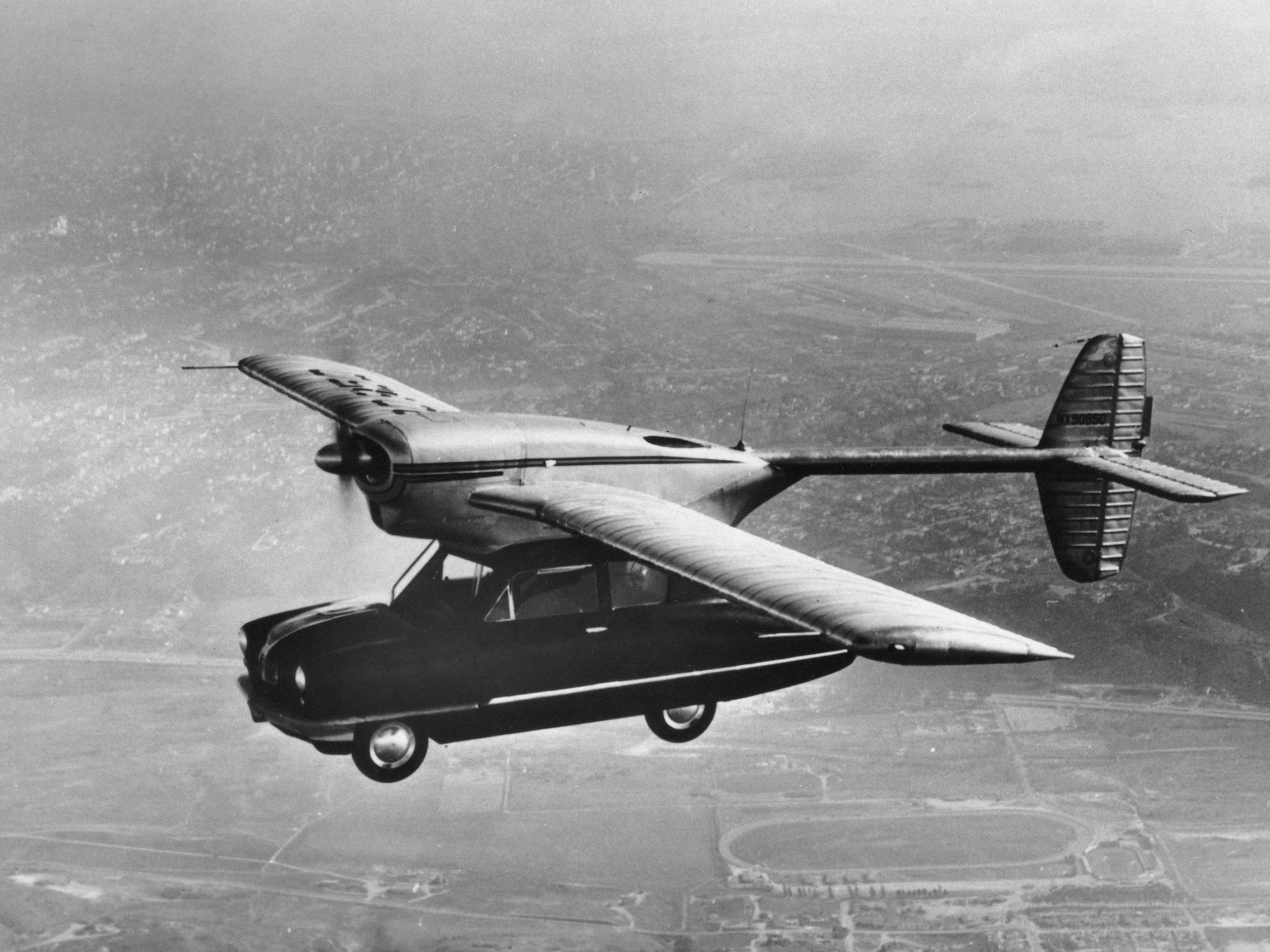 A ConVairCar, Model 118 flying car during a test-flight, California, November 1947
