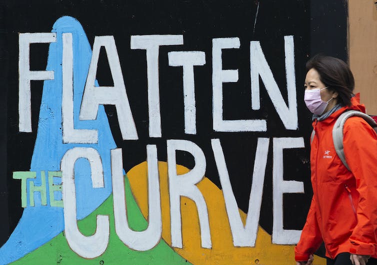 A woman wearing a protective face maskwalks past a mural reading 'Flatten the curve'