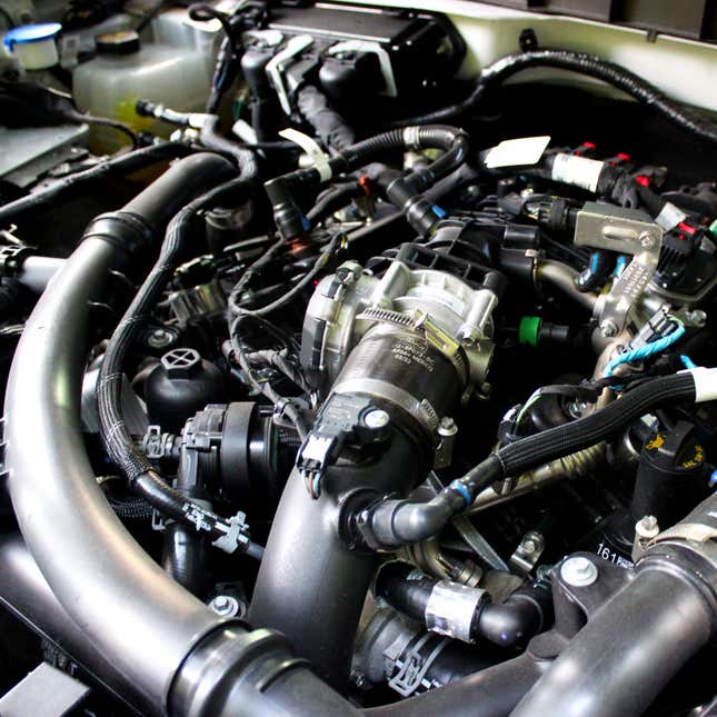 A photo of the engine bay in the Ford Bronco. 