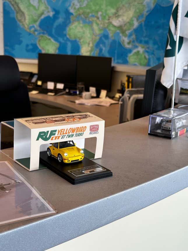 The Ruf lobby counter with a Ritter Goods Yellowbird model on display