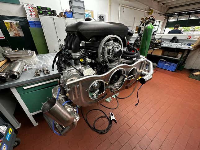 An assembled Ruf flat-six engine waiting to go into a car