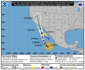 Hurricane Hilary forecast path or track towards California