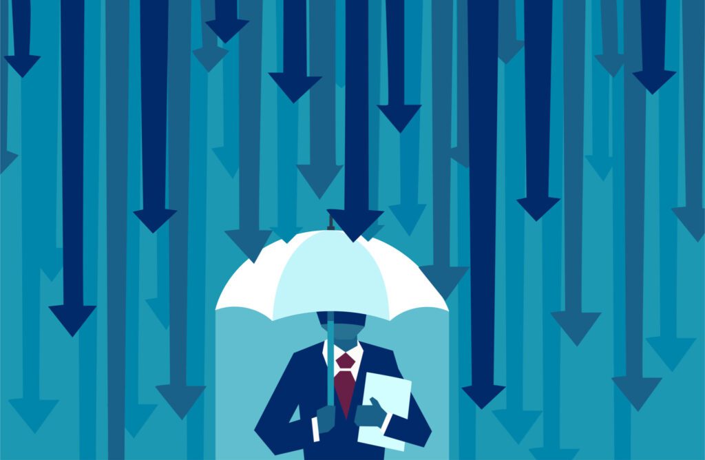 Vector of a businessman with umbrella resisting protecting himself from a downpour of arrows