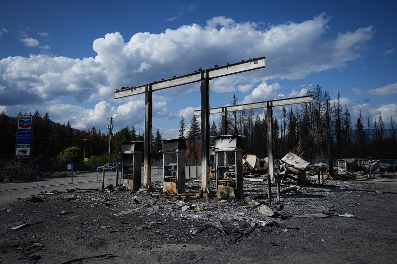 A gas station destroyed by the Bush Creek East wildfire in Squilax, B.C.