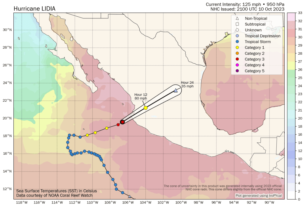 Hurricane Lidia forecast path and tracking map